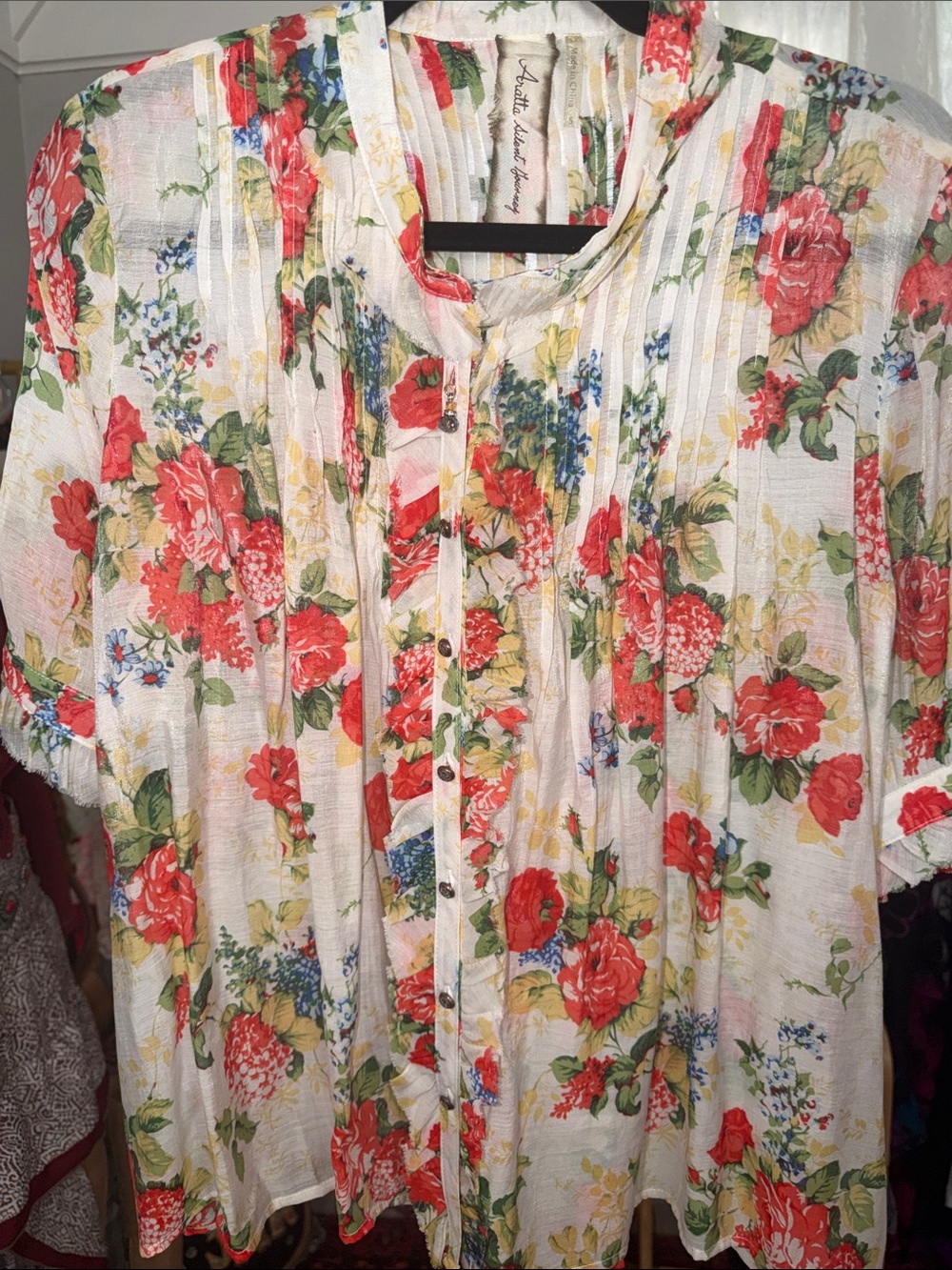 Aratta Cream Floral Button-Front Blouse with Red & Green Accents